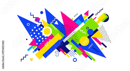 Vibrant geometric abstract composition with Memphis style elements.