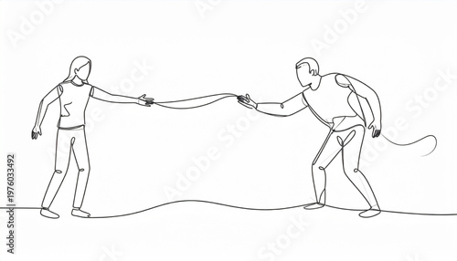 Abstract Continuous Line Art of Two Figures Drawn Together by Invisible Force, Emotional Attraction Concept, Minimal Black Ink, Modern Editorial Vector