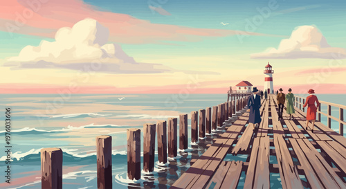 People walking on a wooden pier towards a lighthouse at sunset in a vintage style.
