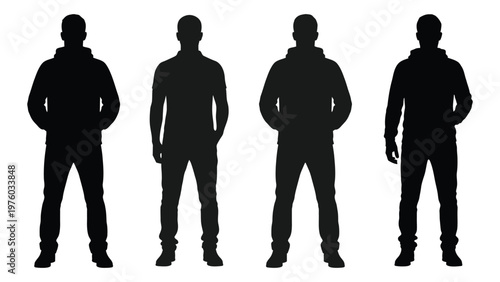 Four male silhouettes standing with hands in pockets depicted in a stark black style