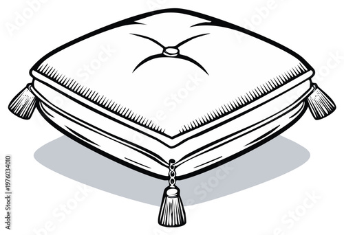 Ornate Tufted Cushion with Decorative Tassels in an Isometric Perspective
