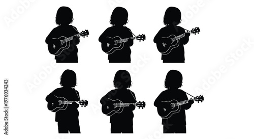 Silhouettes of children playing ukuleles in a grid arrangement high quality