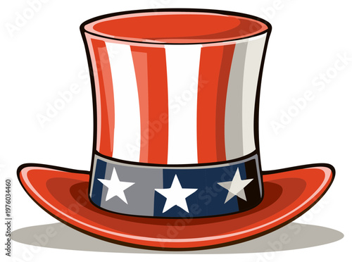 Patriotic Uncle Sam hat illustration, red, white, and blue colors, stars and stripes for holiday celebrations and independence