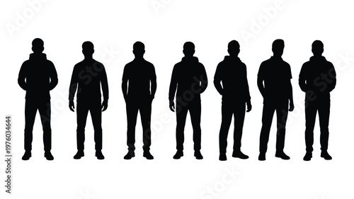 A row of seven silhouetted men standing against a white background facing forward