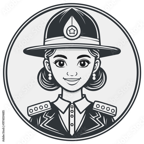 Black and white illustration depicting a female police officer with hat in circular format.