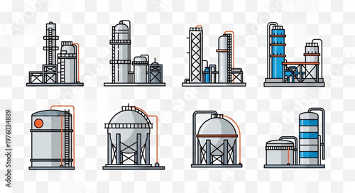 Oil Refinery and Storage Tank Icons - Industrial Plant Illustrations.