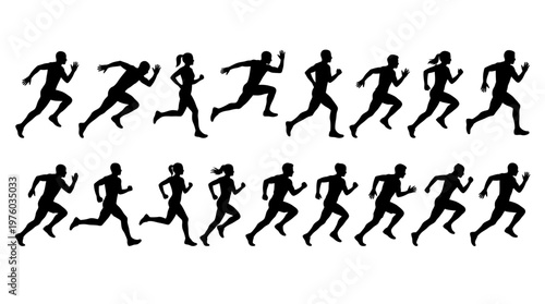 Multiple runners in motion silhouettes sprinting.