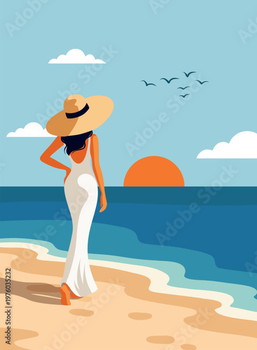 Woman on vacation. Summer holidays. Woman in a white dress, hat walk along a sandy beach, admiring the ocean. Seagulls, sun, sea, sand. For travel, vacation, tourism, summer design, posters, banners