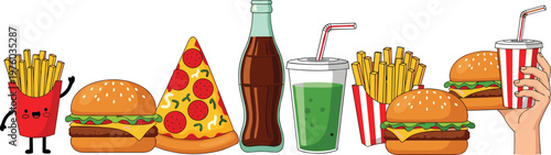 Fast Food Meal Collection with Burgers, Fries, Pizza, Soft Drinks, and Takeaway Snacks for Restaurant Menu and Street Food Designs
