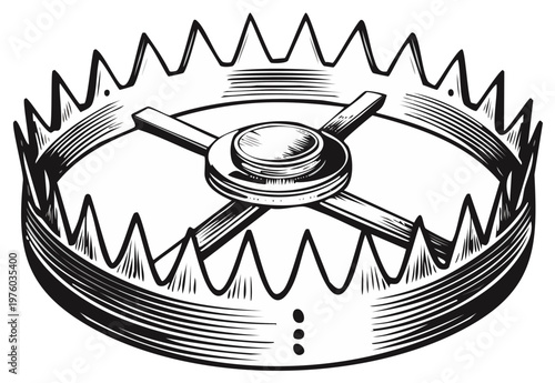 Metallic animal trap with sharp teeth and a central trigger mechanism in a graphic illustration style