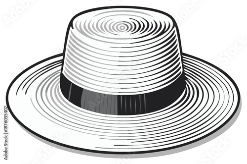 Classic Straw Boater Hat with Black Ribbon and Textured Crown Illustration