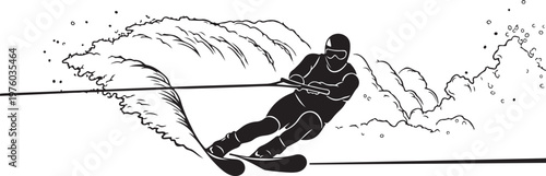 Skiing, winter sports, black and white vector, skier illustration, snow mountain