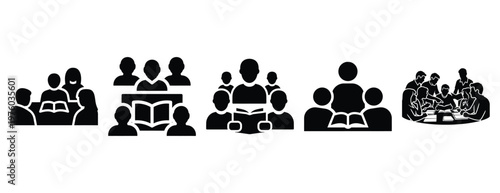 community study group silhouette icon set