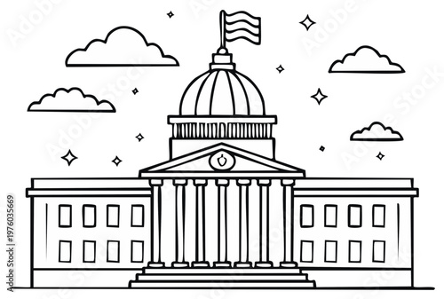Black and white illustration of a governmental building under a cloudy sky.