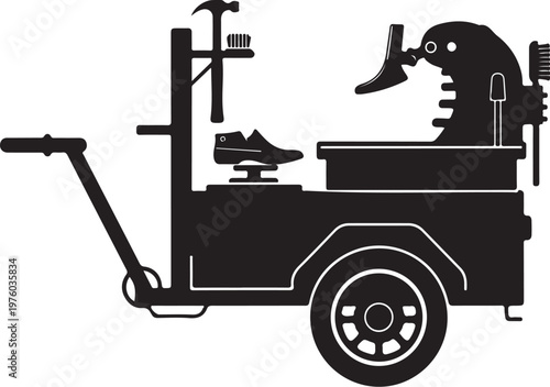 Black shoe repair cart, shoe shine equipment, mobile cobbler tools, vector illustration