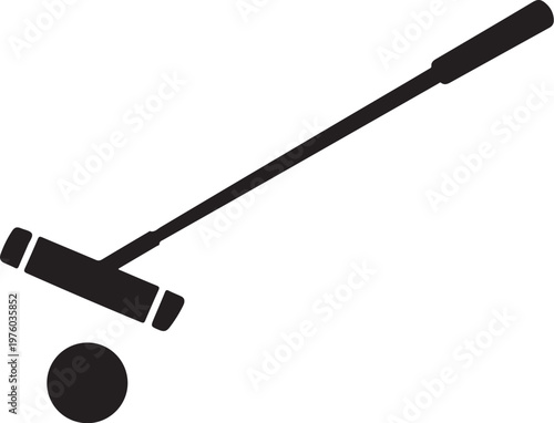 Black croquet mallet and ball, golf sports equipment, vector icon, simple silhouette
