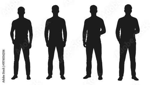 Four male silhouettes stand in a row facing forward with hands casually positioned