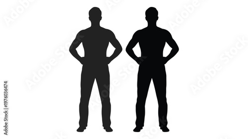 Two muscular men stand facing forward depicted as black silhouettes against a white background