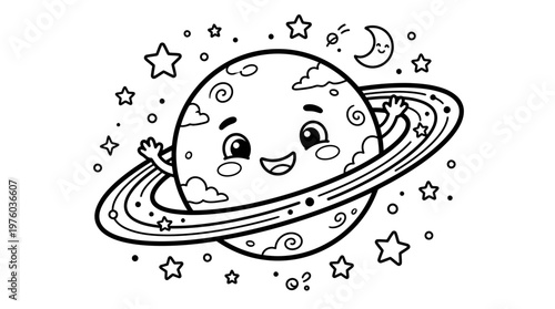Smiling Cartoon Planet with Rings.