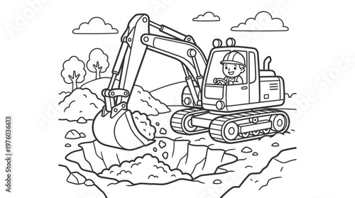 Excavator digging earth with operator inside.