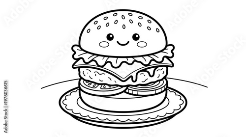 Smiling Cartoon Hamburger on Plate.