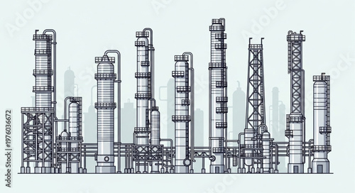 Industrial Complex Sketch - Towers and Structures in Detailed Line Art.