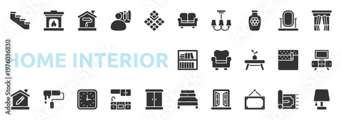 Home Interior icon set glyph style with sofa, ceiling lamp, vase, mirror, curtain, bookshelf, chair, table, icons
