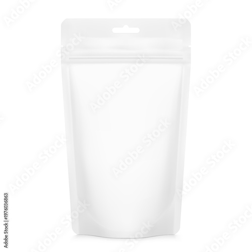 Realistic stand up pouch bag with hang slot mockup. Front view. Vector illustration isolated on white background. Ready for your design. EPS10.