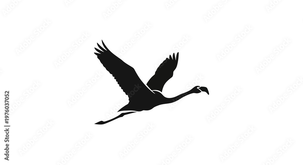 Obraz premium Silhouette of a flamingo flying with wings spread, isolated on a white background