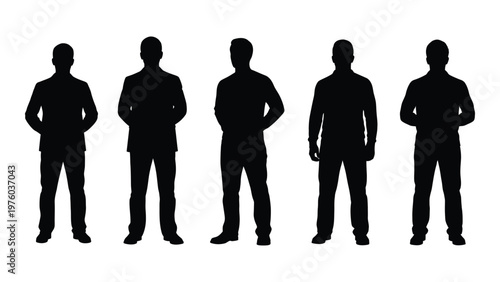 Five silhouetted men in suits stand in a row against a white background