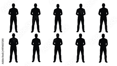 A grid of nine black silhouettes depicting men standing with hands on hips