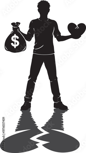 Money vs Happiness Concept – Man Holding Money Bag and Broken Heart Shadow Silhouette