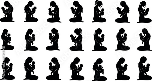 Black silhouette set of mother holding newborn baby collection for motherhood concept, parenting icons, maternal love, and infant care graphics.