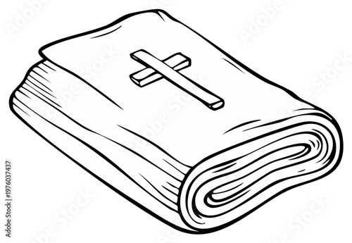 Holy book with cross in drawing style, religion symbol. Vector illustration.