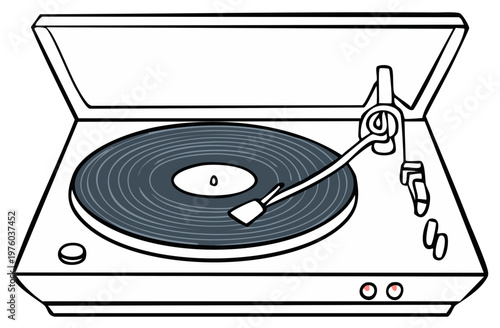 Vintage record player with spinning vinyl disc and tone arm classic audio equipment