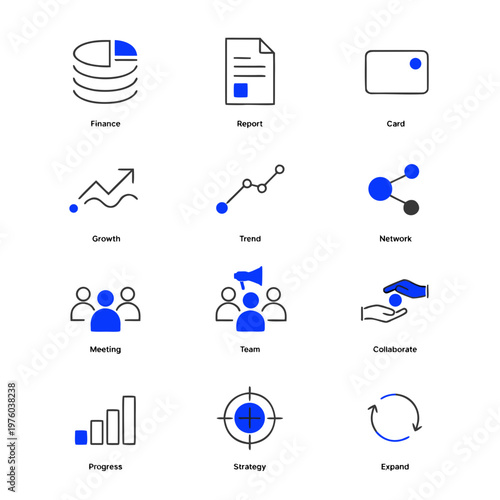 A set of business icons representing finance, growth, and collaboration in a modern, flat design style