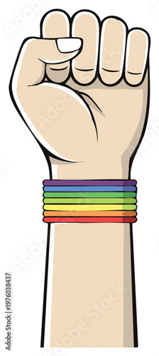 Stylized illustration of a clenched fist, wrist adorned with rainbow-colored wristbands.