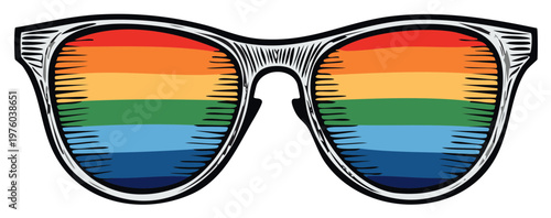 Illustration of classic sunglasses with bright rainbow striped lenses representing inclusivity and happiness