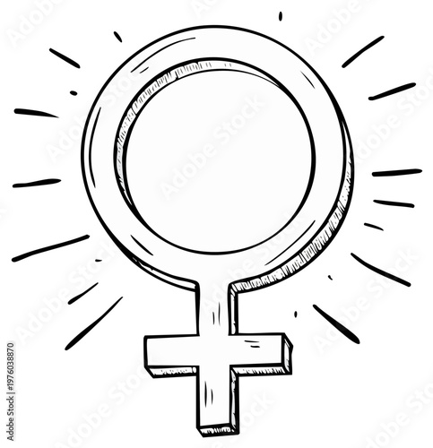 Stylized hand-drawn symbol of female gender radiating light and power, representing womanhood and empowerment