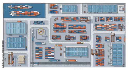 Overhead View of a Busy Container Port with Ships and Cargo.