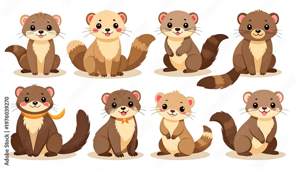 Fototapeta premium Eight adorable cartoon animals, digitally drawn with big eyes and fluffy tails, seated