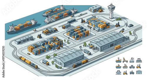 Isometric Illustration of a Busy Port with Ships, Cranes, and Warehouses.