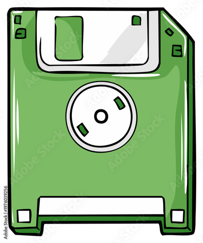 Green cartoon floppy disk isolated on a white background, concept of technology and data storage