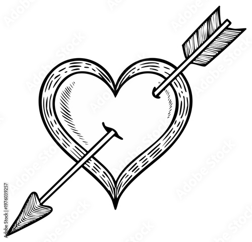 Engraved Heart Pierced by Cupid's Arrow, Vintage Love Symbol
