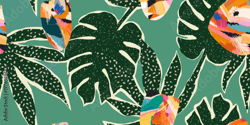 Abstract exotic botanical pattern. Dynamic bright tropical print. Hand drawn unique template for design. 