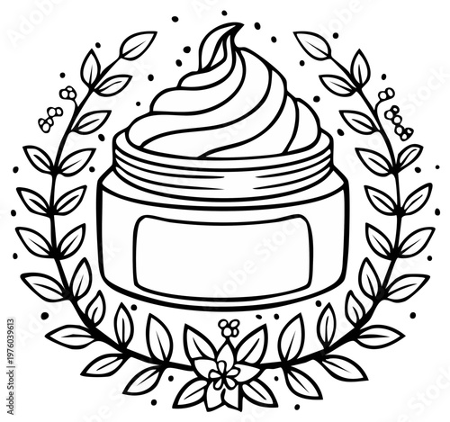 Hand Drawn Cream Jar with Botanical Wreath and Dots