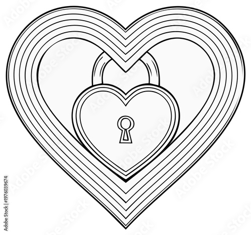 Heart shaped padlock inside a multi layered heart graphic illustration for coloring book or art project