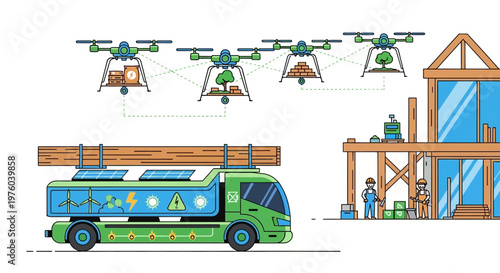 Eco-friendly construction site with drones and electric truck