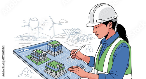Female engineer planning sustainable energy projects on digital tablet