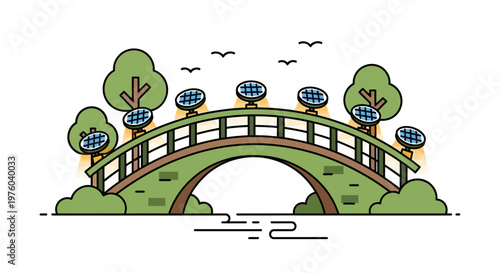 Eco-friendly bridge with solar panels and trees illustration